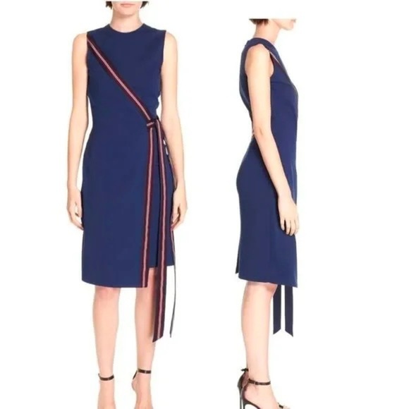 Diane Von Furstenberg DVF Lindsey Faux Wrap Satin Trimmed Shift Midi Dress - Picture 3 of 8